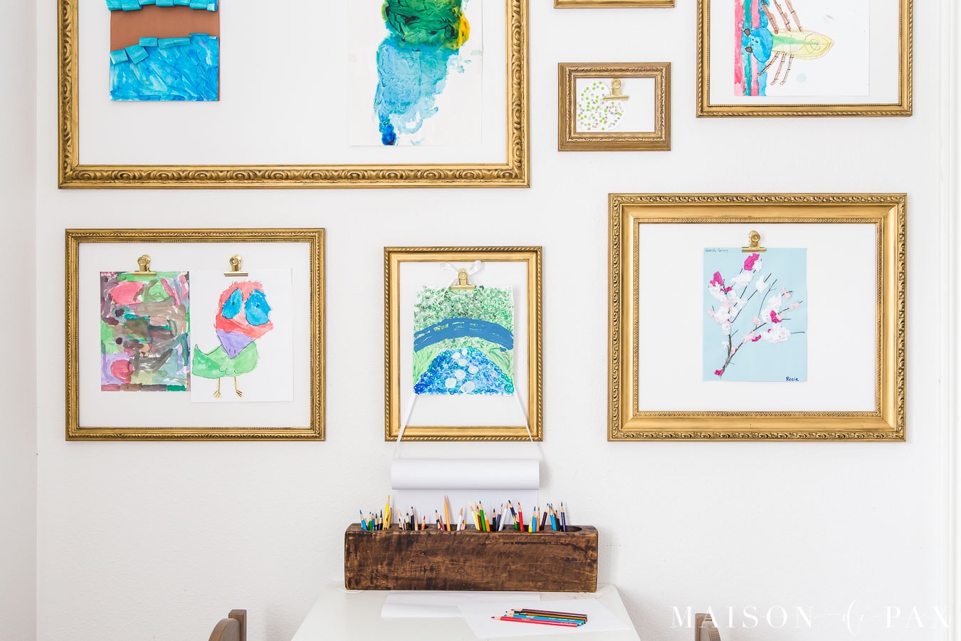 gallery wall with clips for kids' art | Maison de Pax