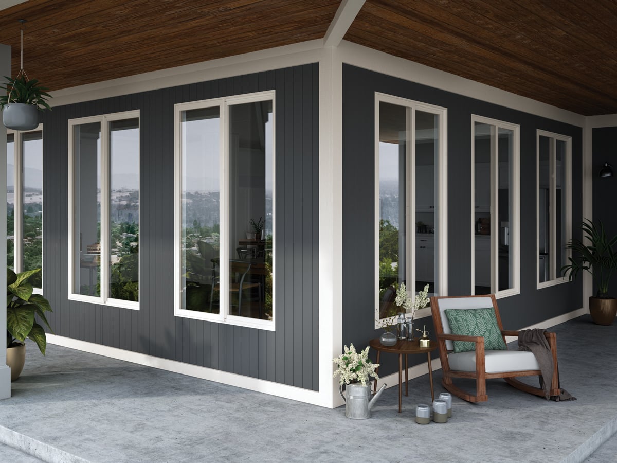 dark gray exterior siding with white trim and cedar porch ceiling | Maison de Pax