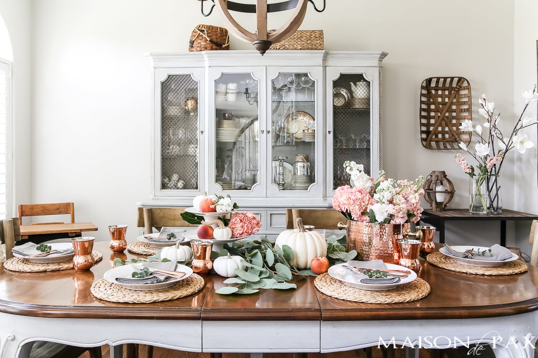 french country dining room decorated for fall with a blush and white tablescape- Maison de Pax