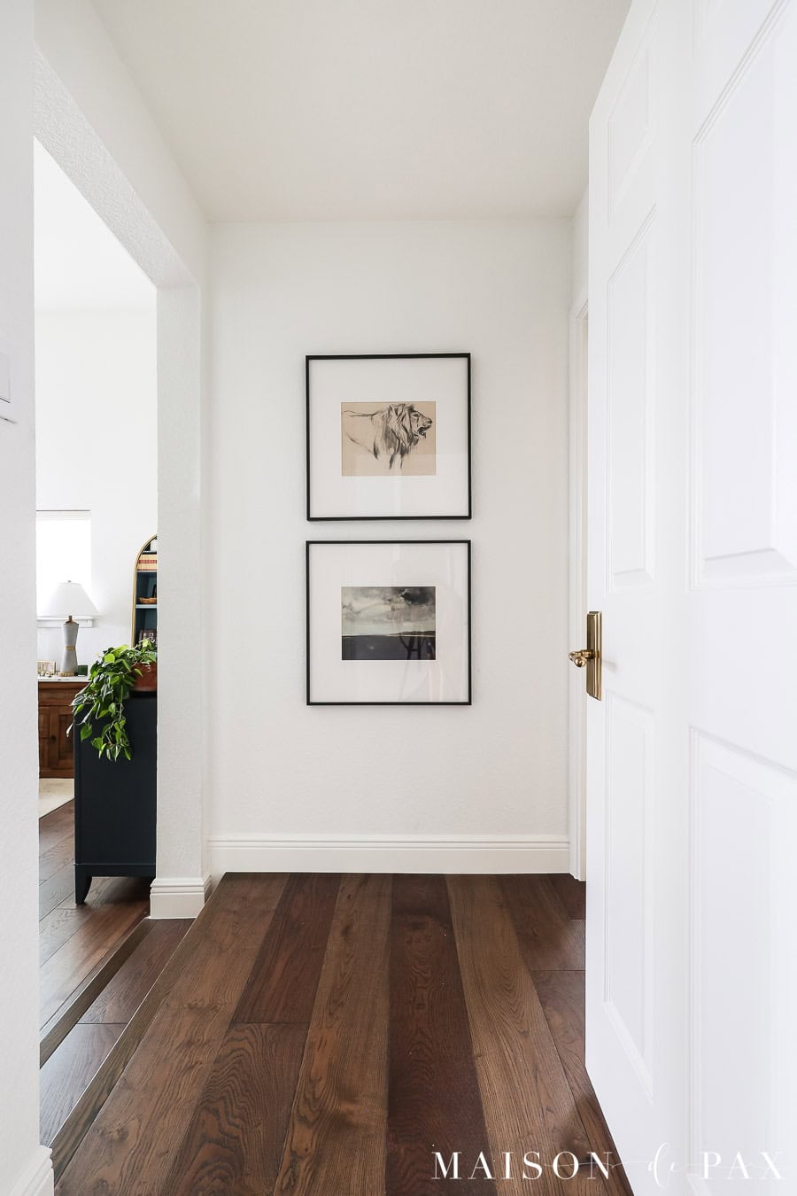 SW pure white walls, gold door hardware, medium brown white oak flooring, tall baseboards