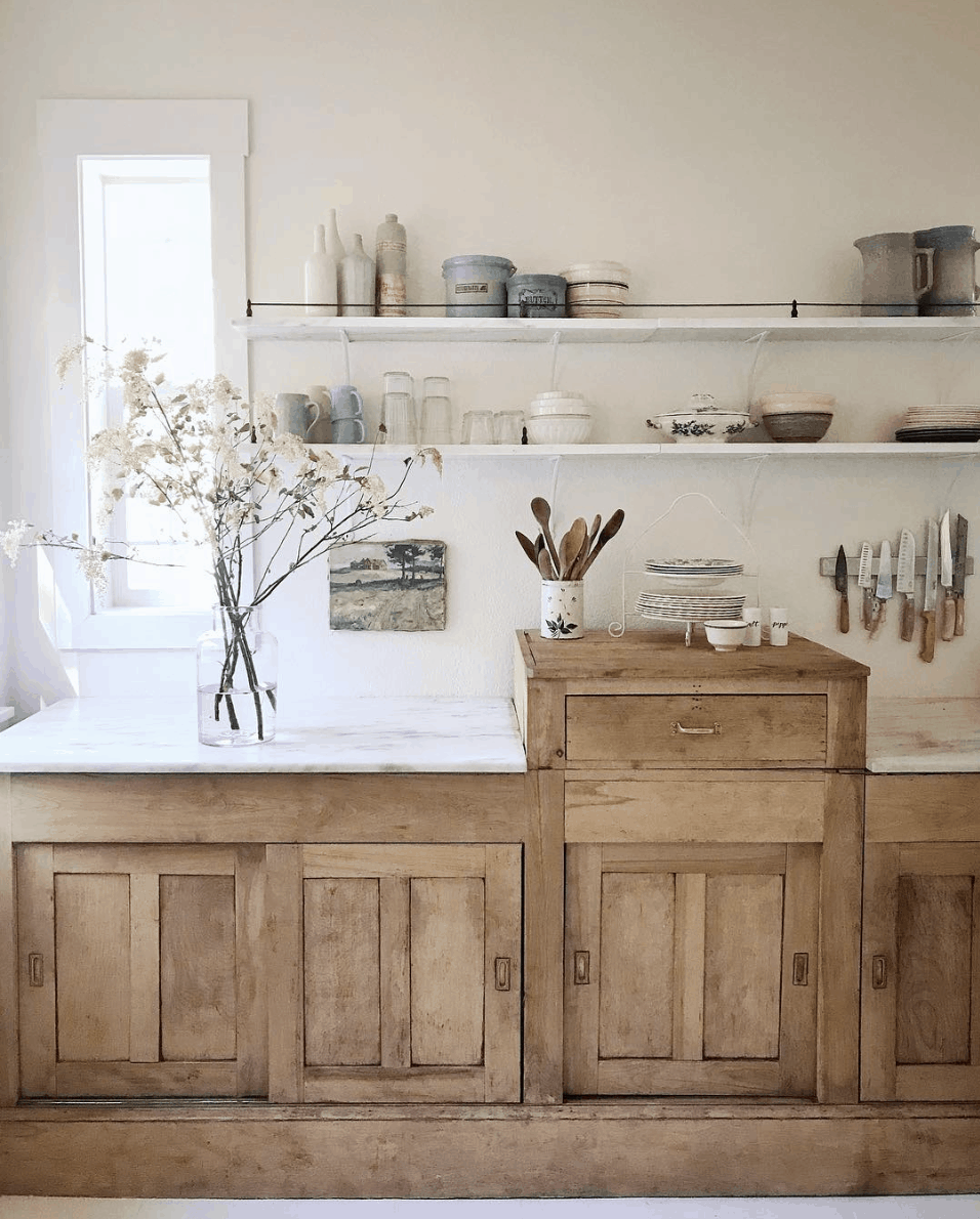 The Market Beautiful kitchen: rustic antique wood cabinet with sliding doors- Maison de Pax