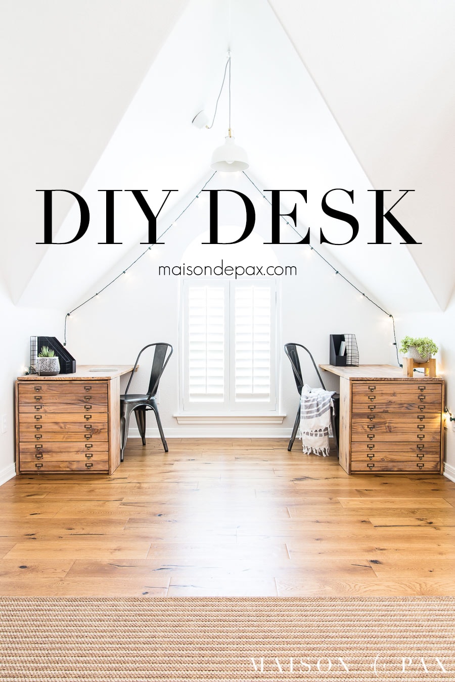 two wooden desks with drawers in white window nook, with text overlay: DIY Desk | Maison de Pax