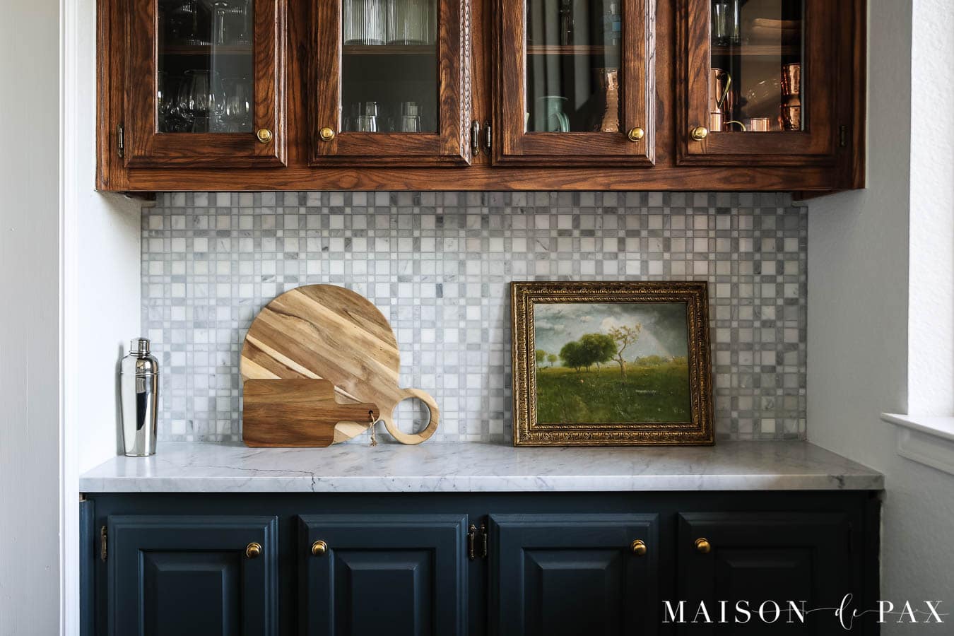 plaid marble mosaic backsplash home bar