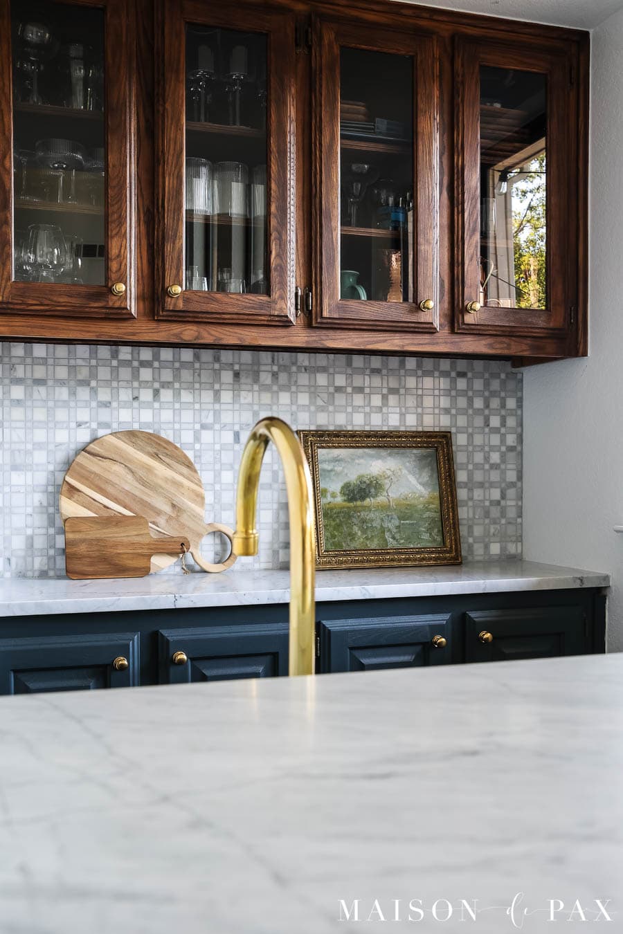 home bar with mosaic marble backsplash, unlacquered brass faucet and hardware
