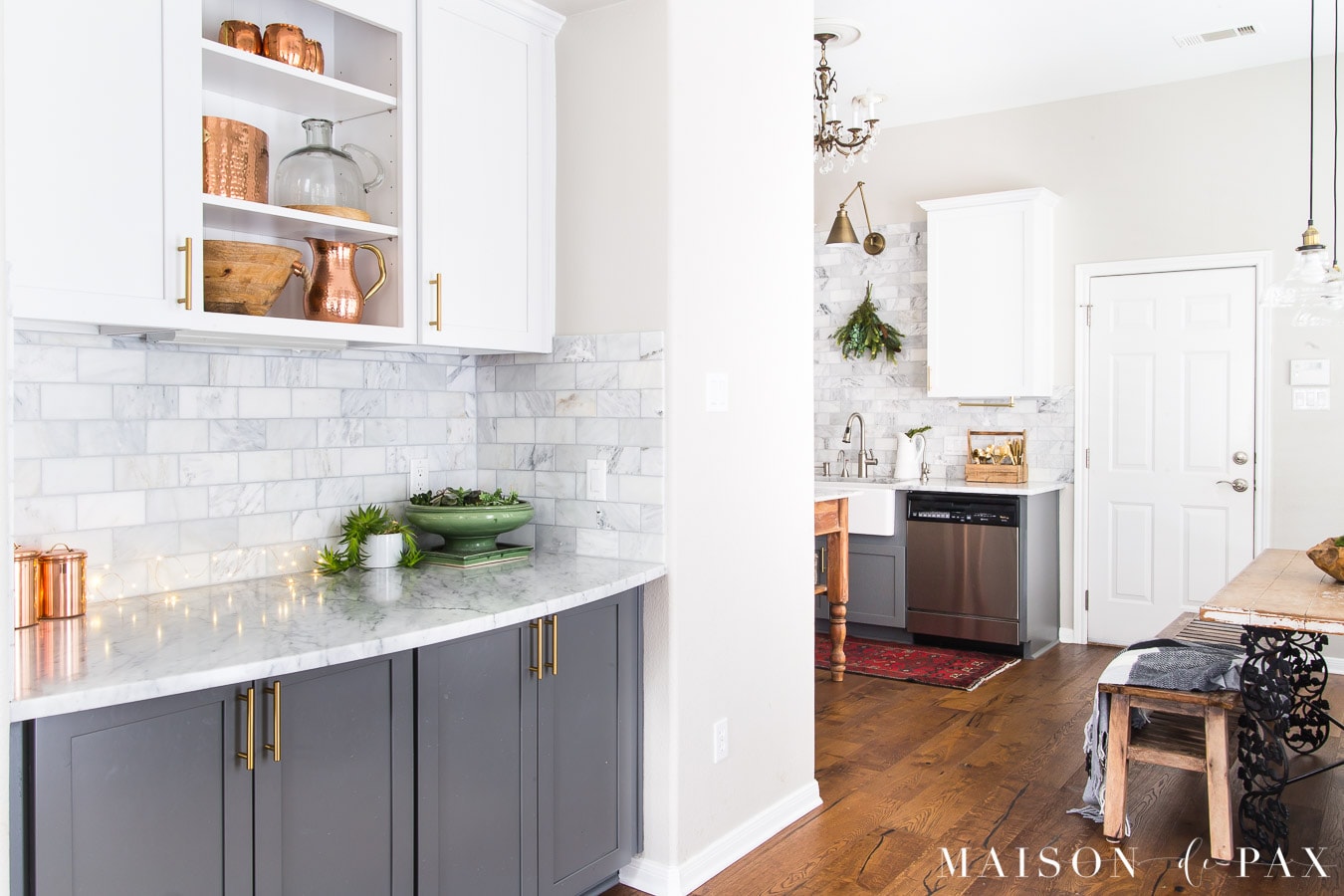 kitchen with wide plank medium brown engineered oak floors | Maison de Pax