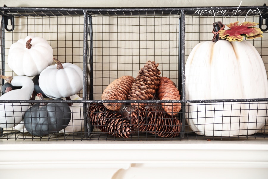 Fall Decor Ideas (mantel basket) with white pumpkins and pinecones- Maison de Pax