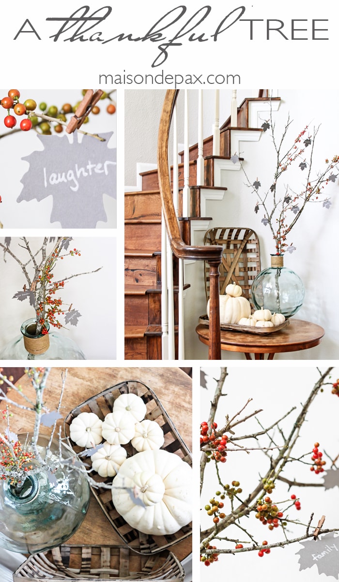 I love this Thanksgiving project idea! A Thankful Tree uses simple yardstick leaves to help you and your family count your blessings each November | aiweb9ygdry.cmersite.com