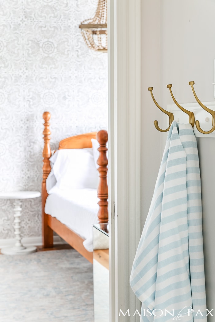 bedroom view from white and navy jack and jill bathroom- Maison de Pax