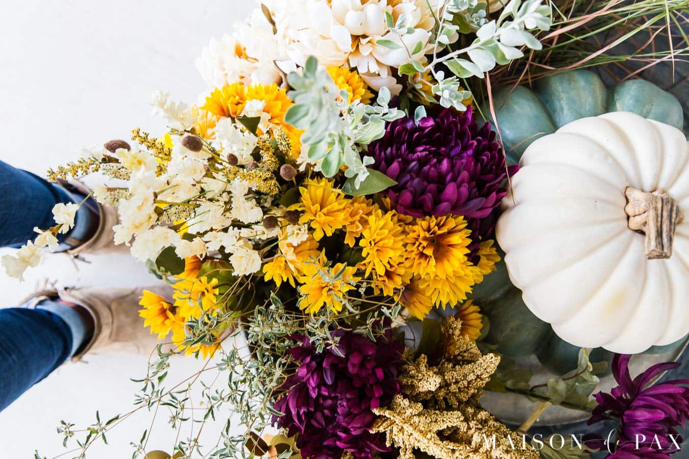 purple and yellow and green fall floral planters in galvanized tub | Maison de Pax