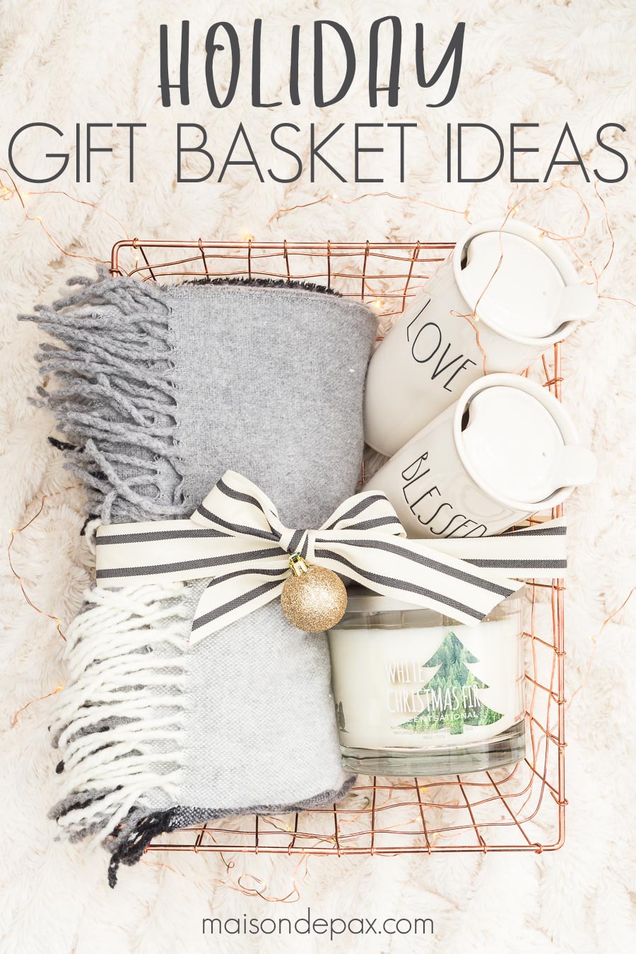 gift baskets filled with home items under a christmas tree and an overlay reading "holiday gift basket ideas"
