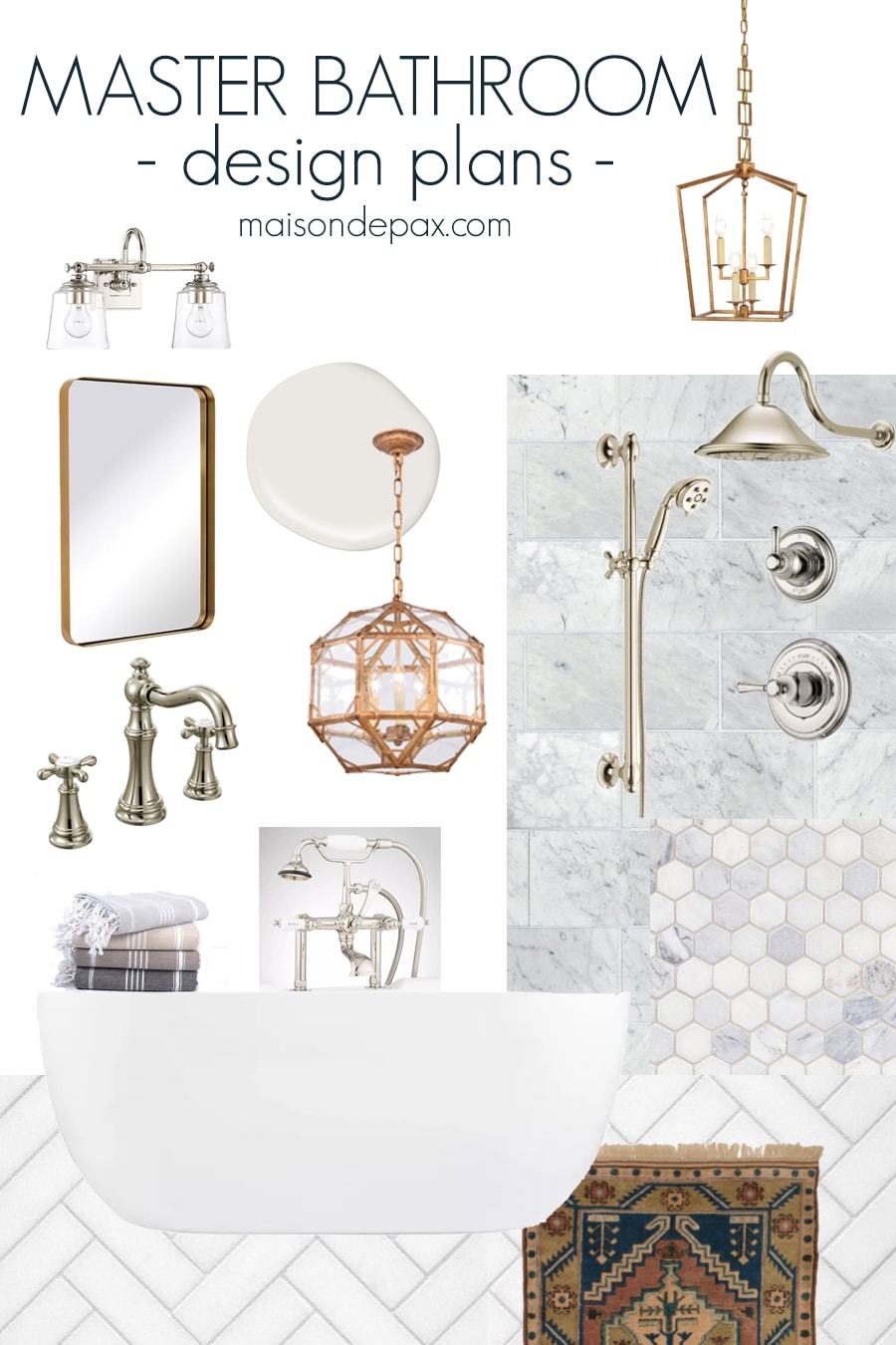 mood board with marble and mixed metal and freestanding tub