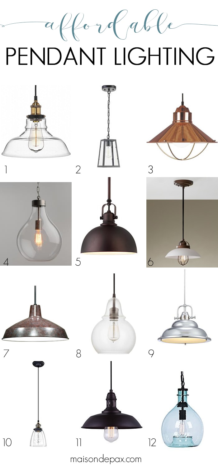 12 Affordable pendants: pendant lights are an easy, budget-friendly way to give any kitchen, bath, or other room a more polished look. Find out how to convert recessed lights to pendants and where to buy affordable pendant lights! #pendantlight