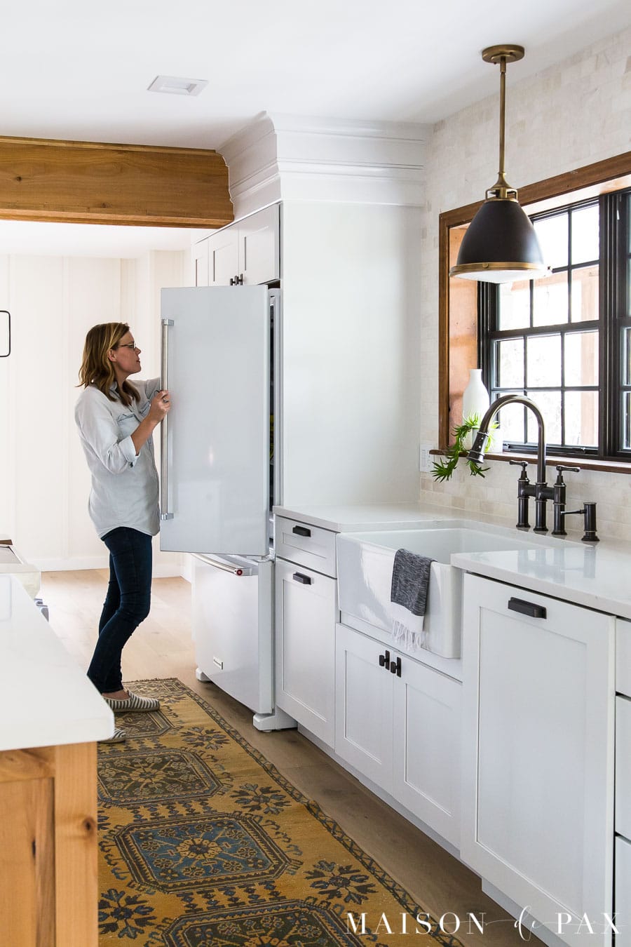 white kitchenaid french door fridge in modern farmhouse kitchen | Maison de Pax