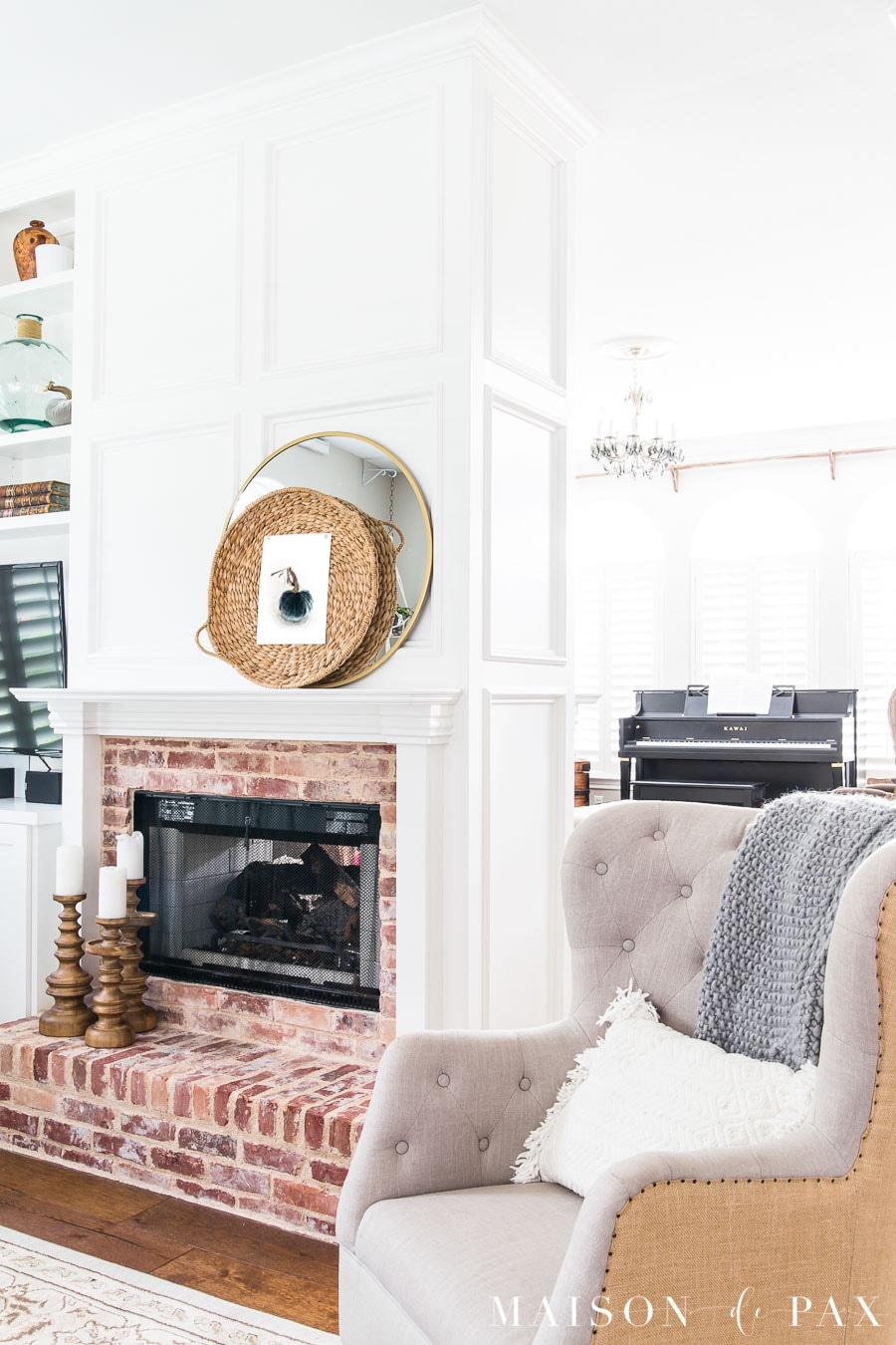 White painted fireplace with antique brick- Maison de Pax