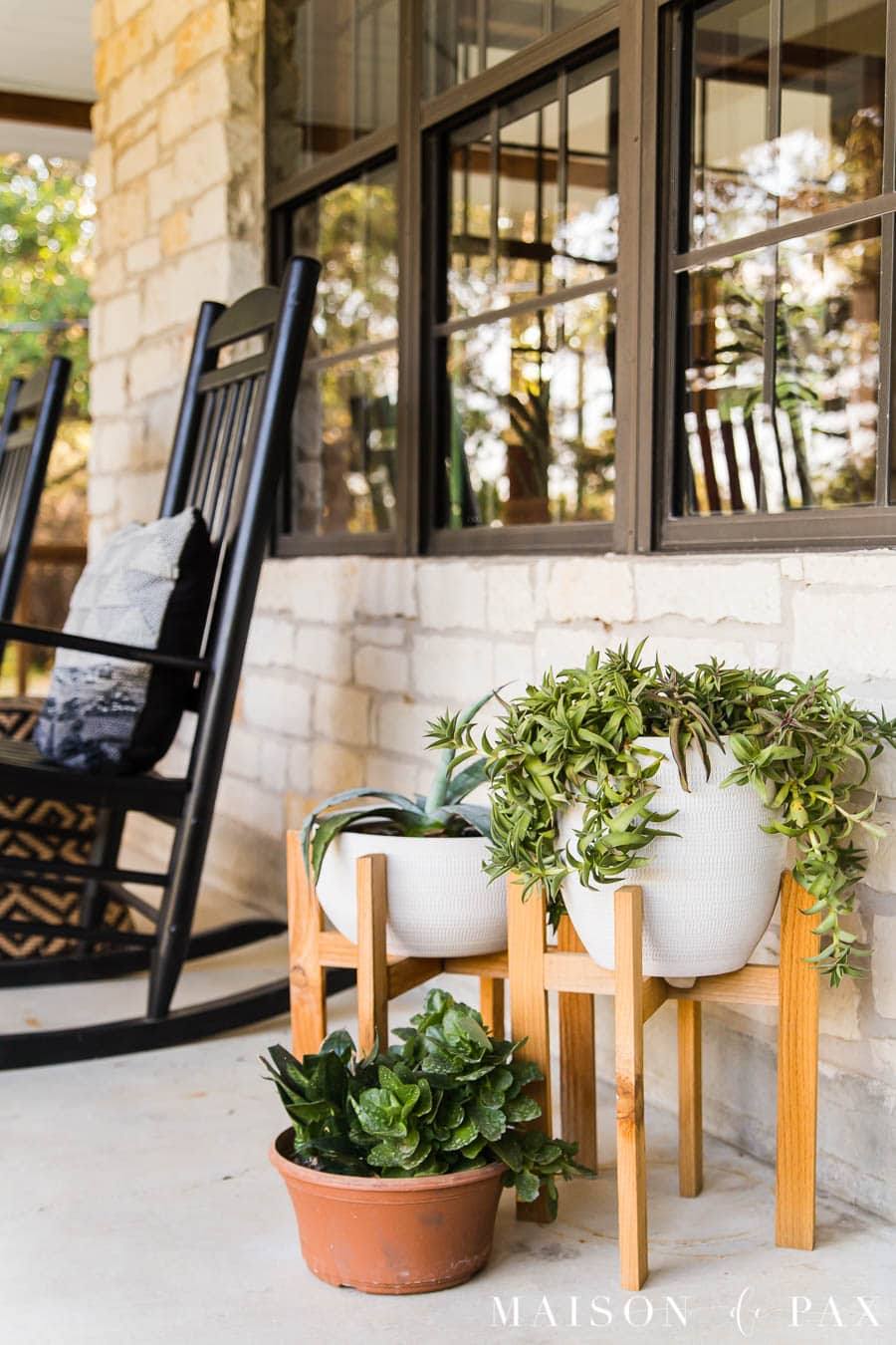 modern farmhouse porch with potted succulents | Maison de Pax
