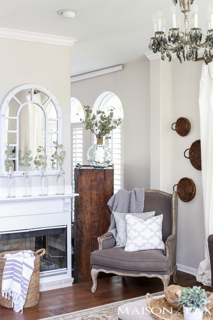 Modern farmhouse living room with Sherwin Williams Agreeable Gray walls- Maison de Pax