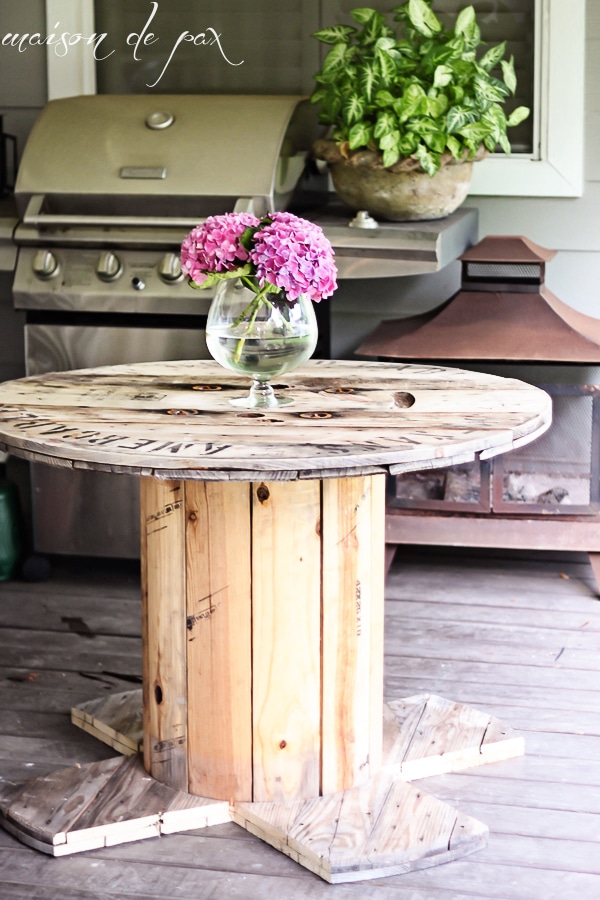 DIY Industrial Spool Table on patio- Maison de Pax