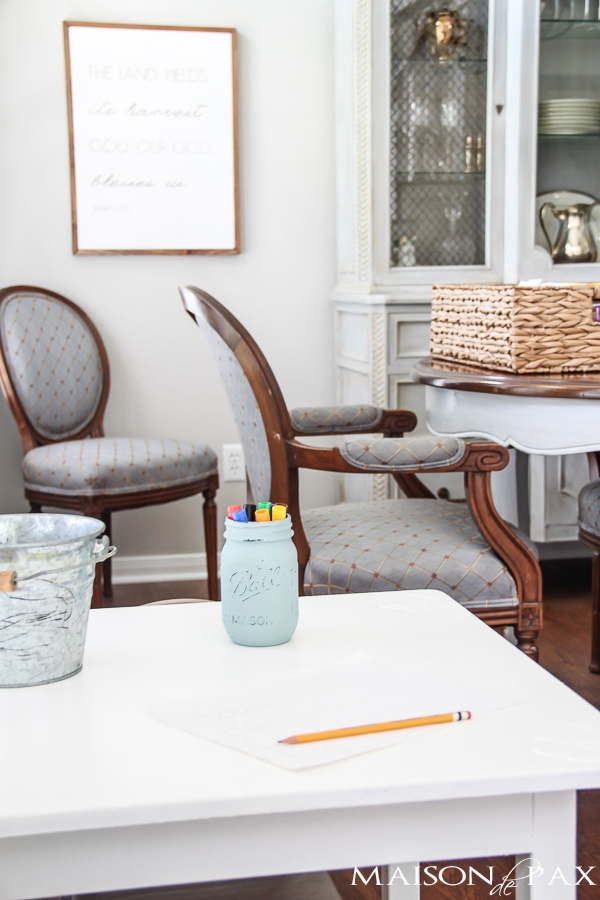 Kid craft table makeover: perfectly kid sized but stylish enough for the dining room; painted in Behr Ivory Keys | aiweb9ygdry.cmersite.com