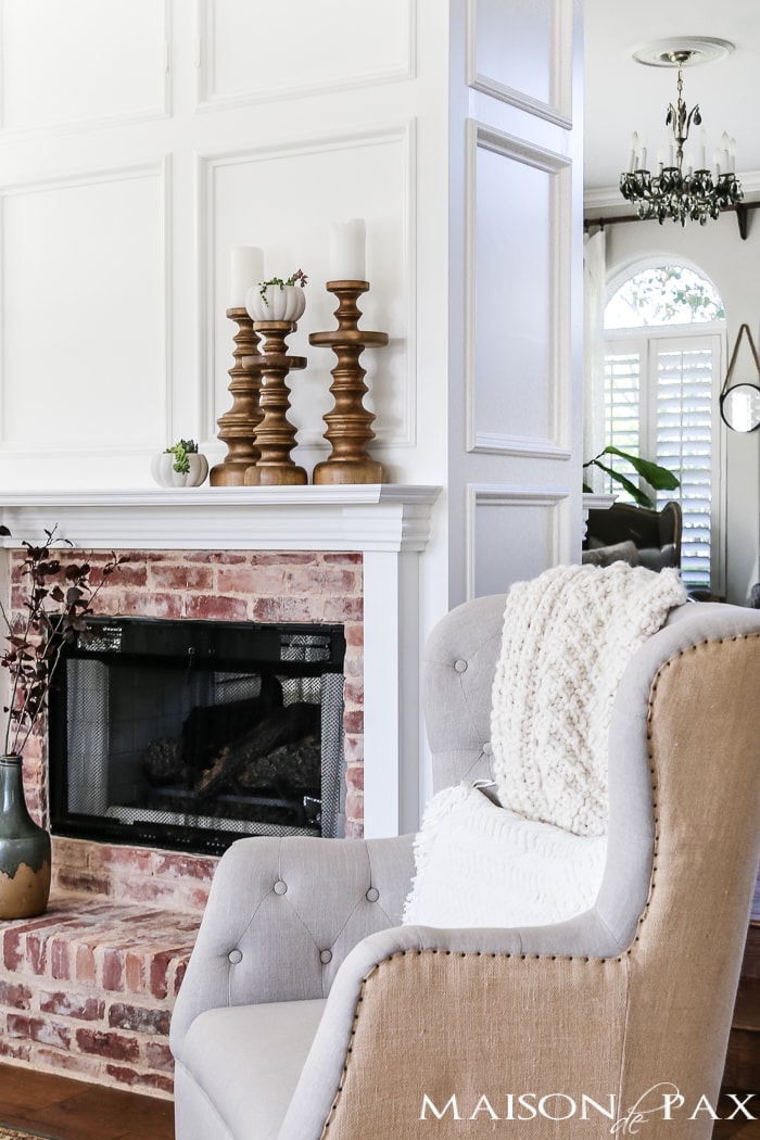 simple, neutral fall mantel decor ideas- Maison de Pax