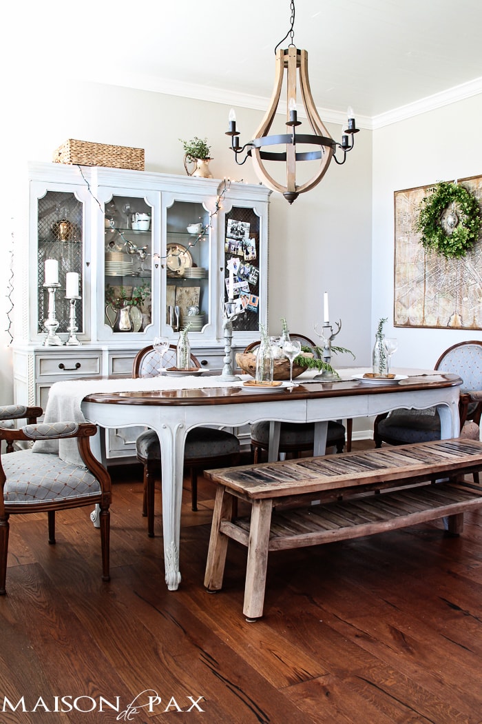 Gorgeous neutral dining room with French and rustic elements - decorated for Christmas holidays | aiweb9ygdry.cmersite.com
