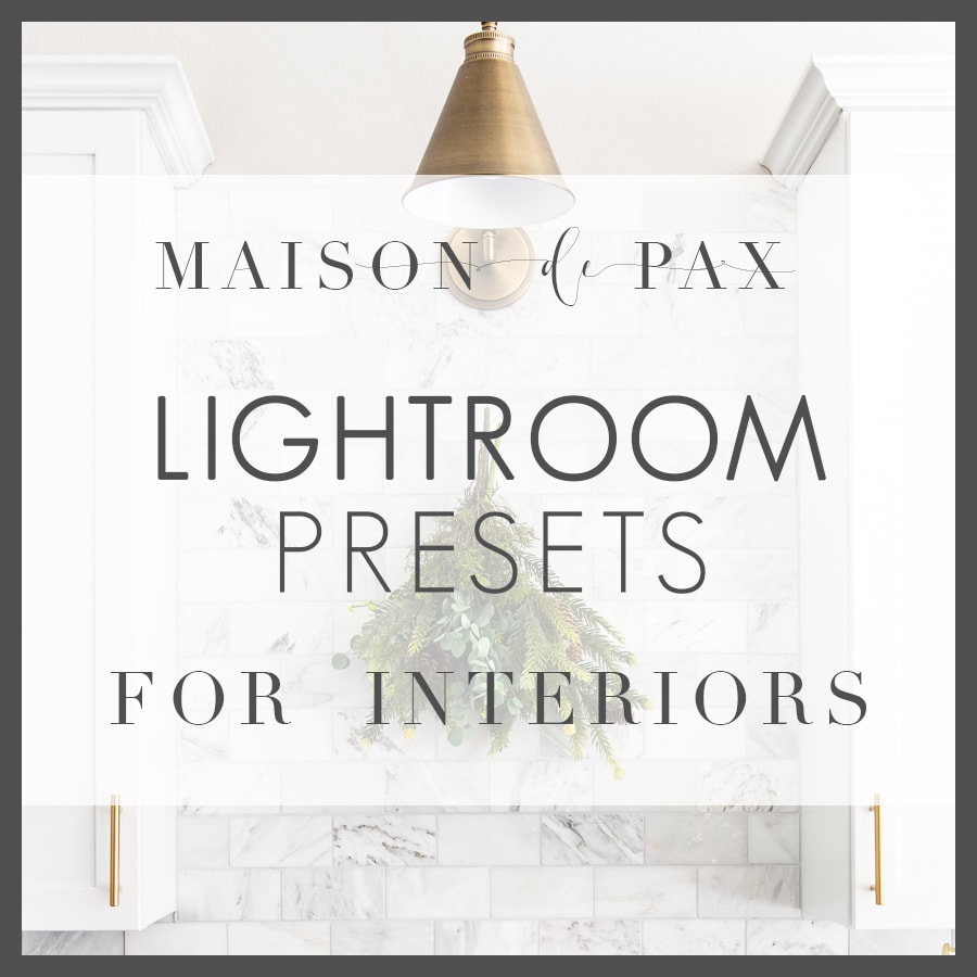 beautiful kitchen image with overlay that reads LIghtroom Presets for Interiors