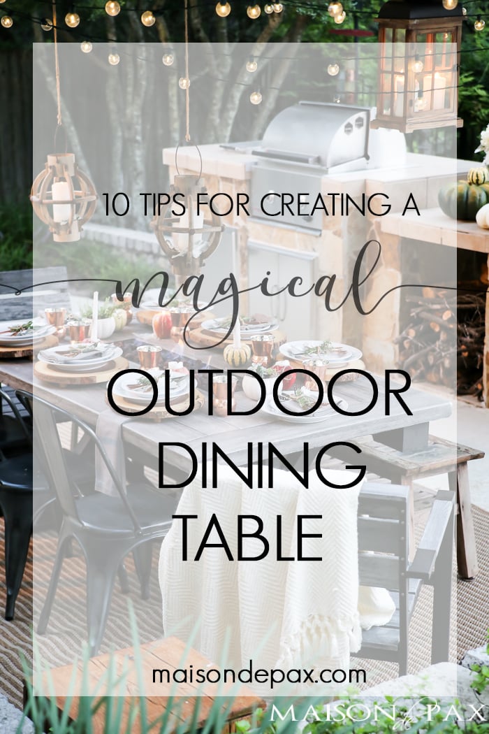 10 tips for a magical outdoor dining table: lanterns, string lights, apple candles, and other cozy outdoor fall decorating ideas!