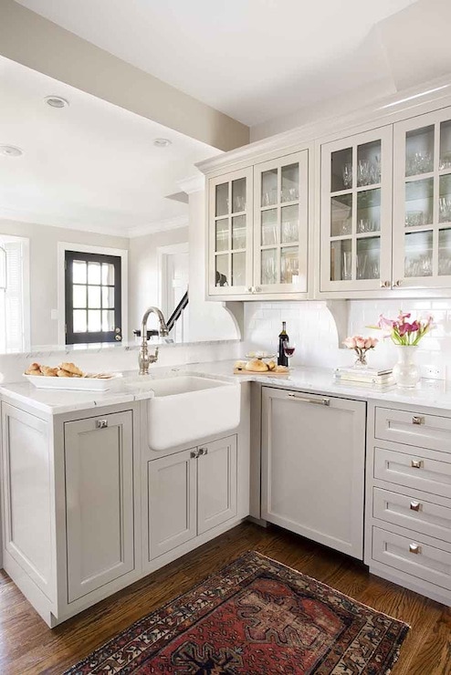 pale gray, small kitchen with farmhouse sink