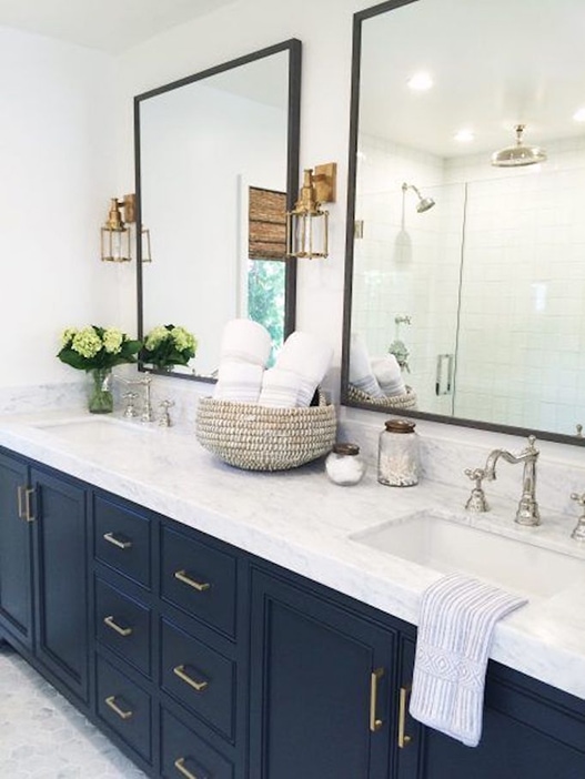 MindyGayer: gorgeous master bath with navy vanity, marble hex floors, marble countertops