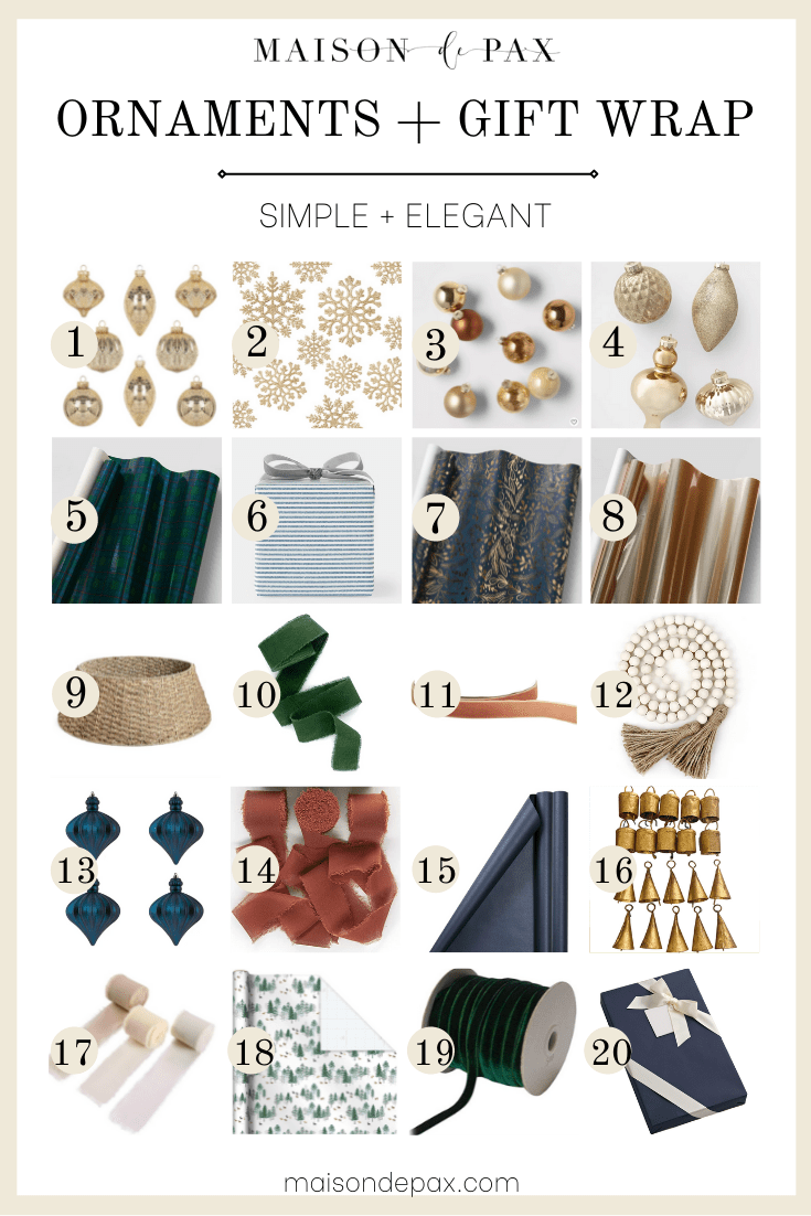simple + elegant Christmas ornaments and gift wrap