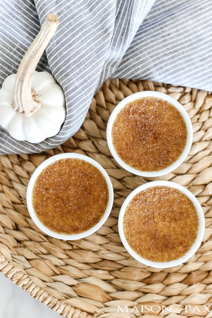 pumpkin creme brulee in cute white ramekins