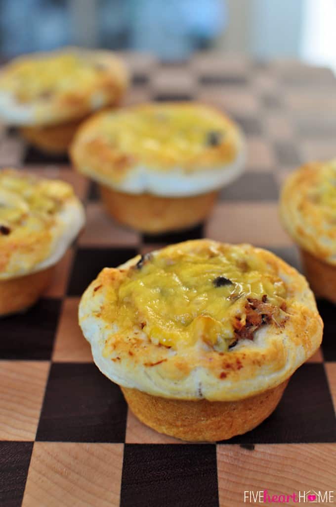 Cheesy Biscuit Cups ~ a quick and easy meal that uses up leftover taco filling, spaghetti sauce, sloppy joe meat, chili, pulled pork, chopped brisket, etc. | {Five Heart Home}