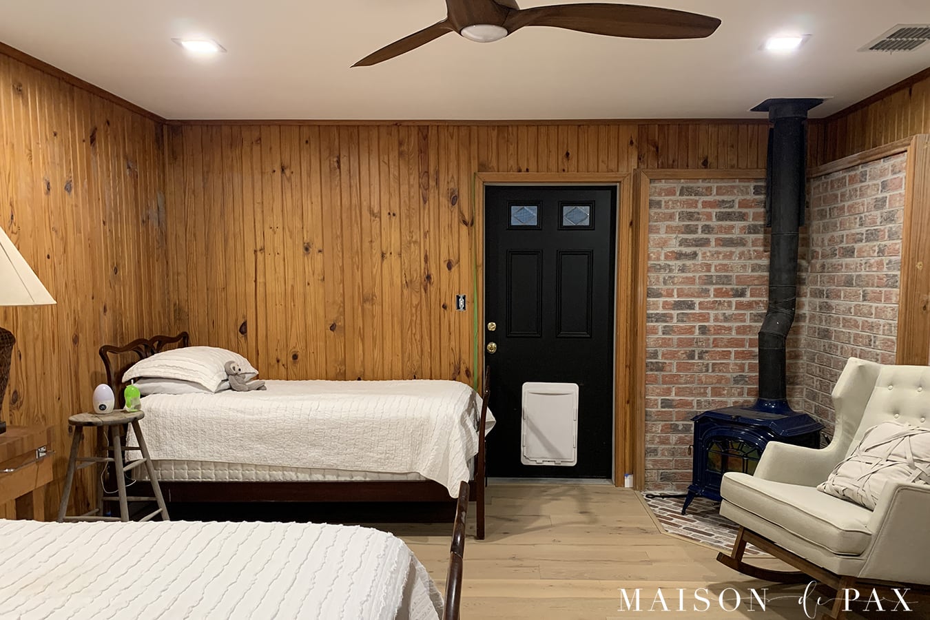 orange pine wood paneled walls before painting | Maison de Pax