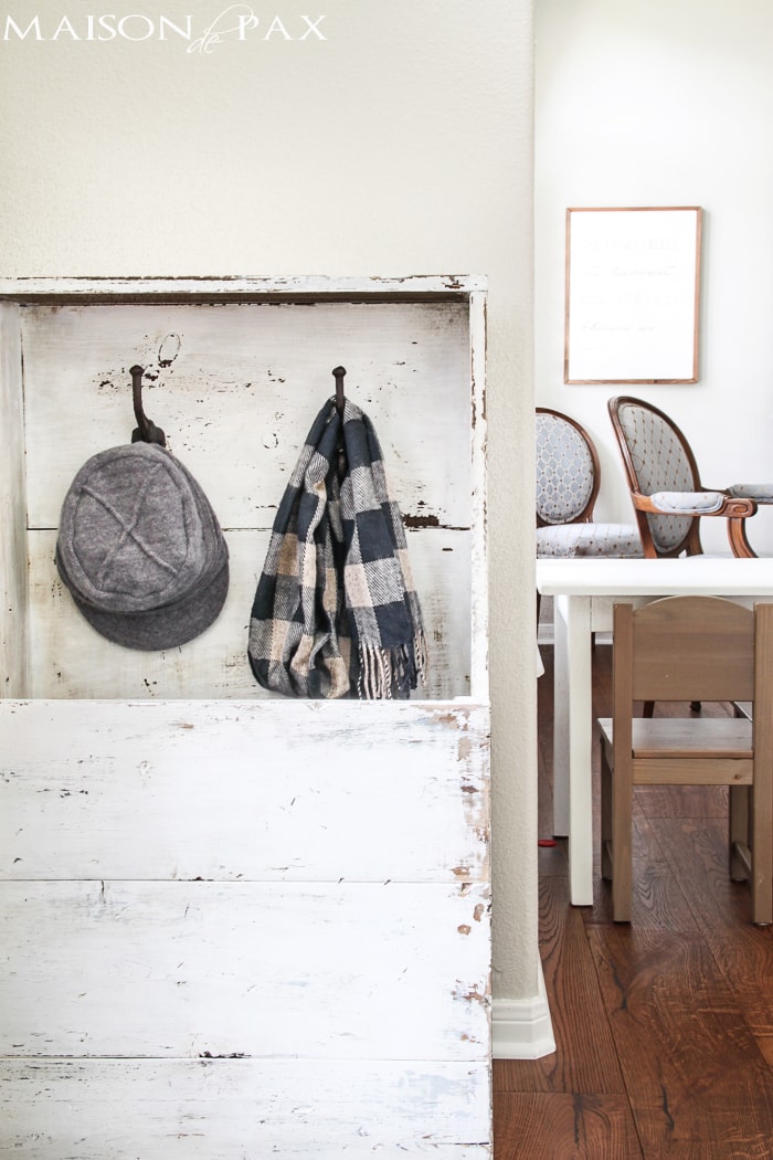 gorgeous, functional entryway with an antique wood firebox used as a mini mudroom... get the plans to build this diy planked "antique" firewood box here! | aiweb9ygdry.cmersite.com