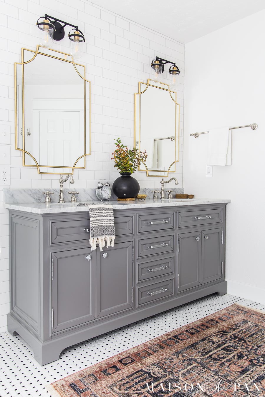 furniture style bathroom vanity painted gray with marble top
