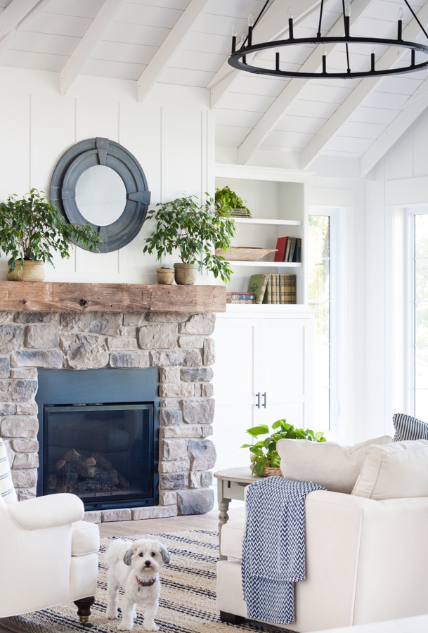 Lilypad Cottage - Coastal stone fireplace with rustic wood mantel