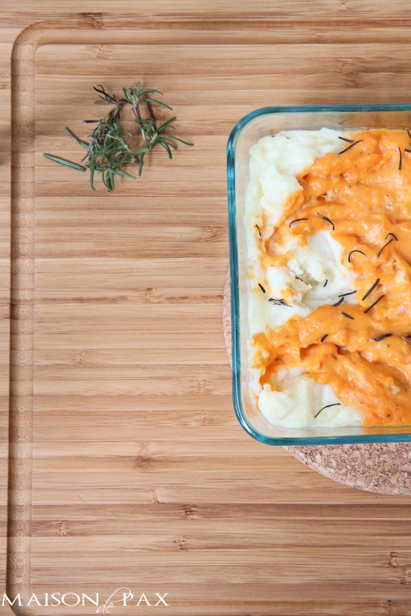 Deliciously seasoned sweet and golden potatoes. Swirled. Baked. You'll never make two separate dishes again! via aiweb9ygdry.cmersite.com #recipe #mashed #potatoes #sweet #thanksgiving #fall