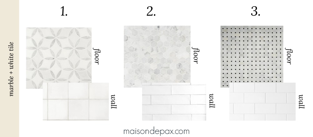 white tile + marble tile bathroom wall and floor combos
