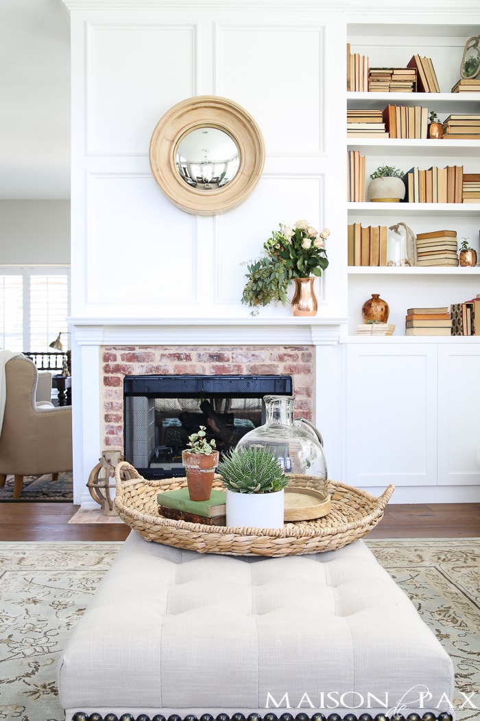 This casually elegant living room is all set to go for spring! Use these simple spring decorating ideas to get your home ready for spring.