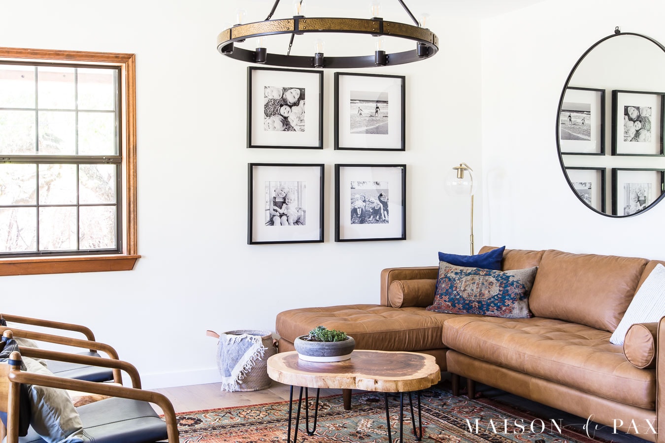 leather living room furniture with patterned rug | Maison de Pax