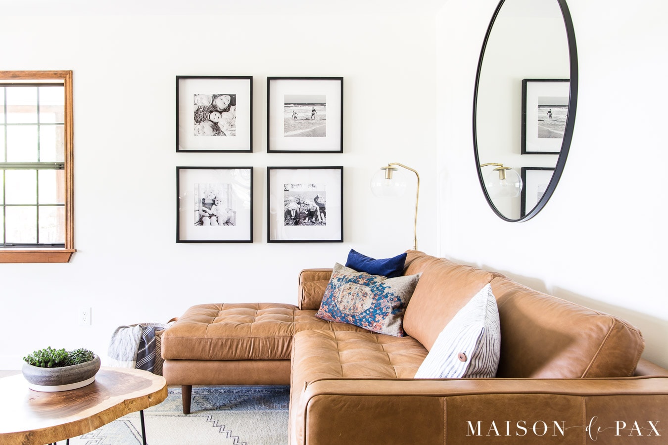 tan leather sectional with mid century modern feel | Maison de Pax