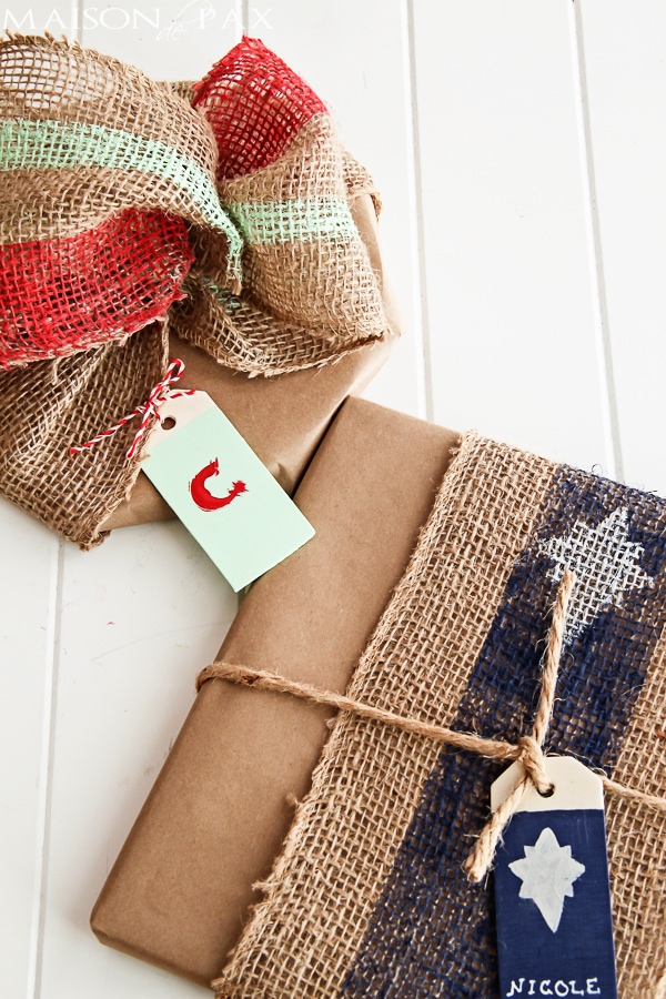 Brilliant! Painted burlap, craft paper, and wood tags make beautiful gift wrap for any occasion | via aiweb9ygdry.cmersite.com 
