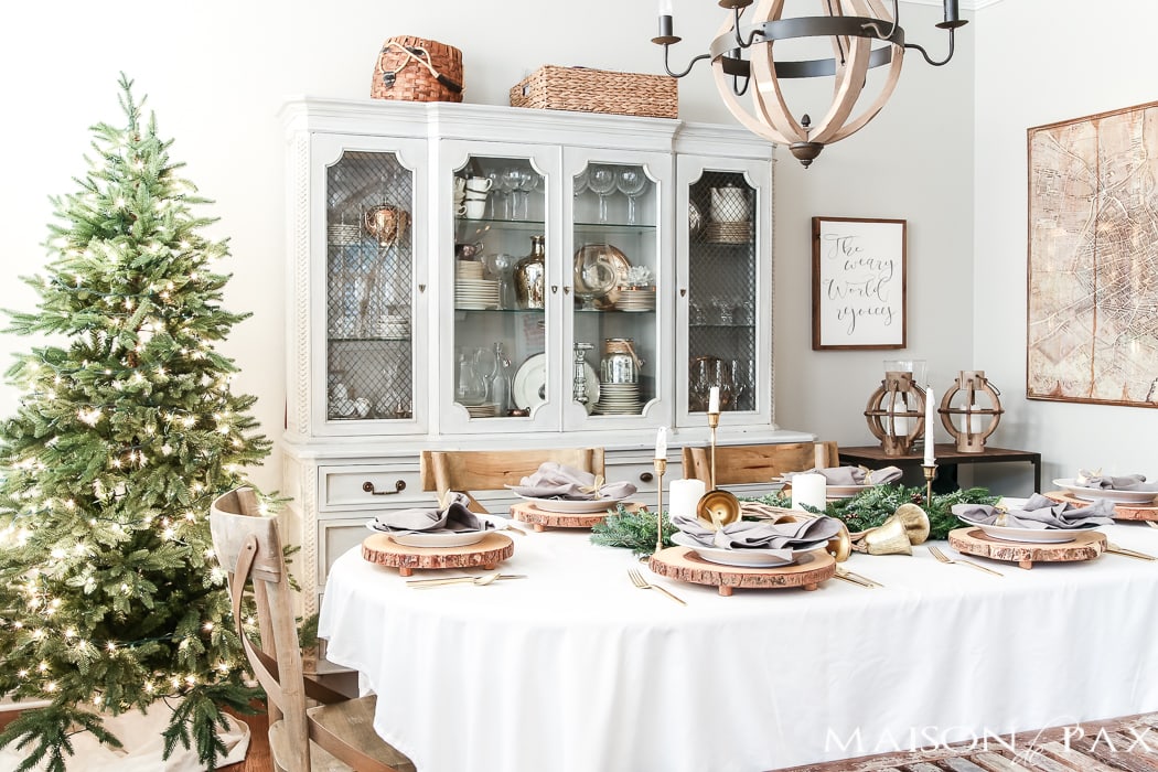 green and gold with white and gray Christmas table and dining room #holidaydining
