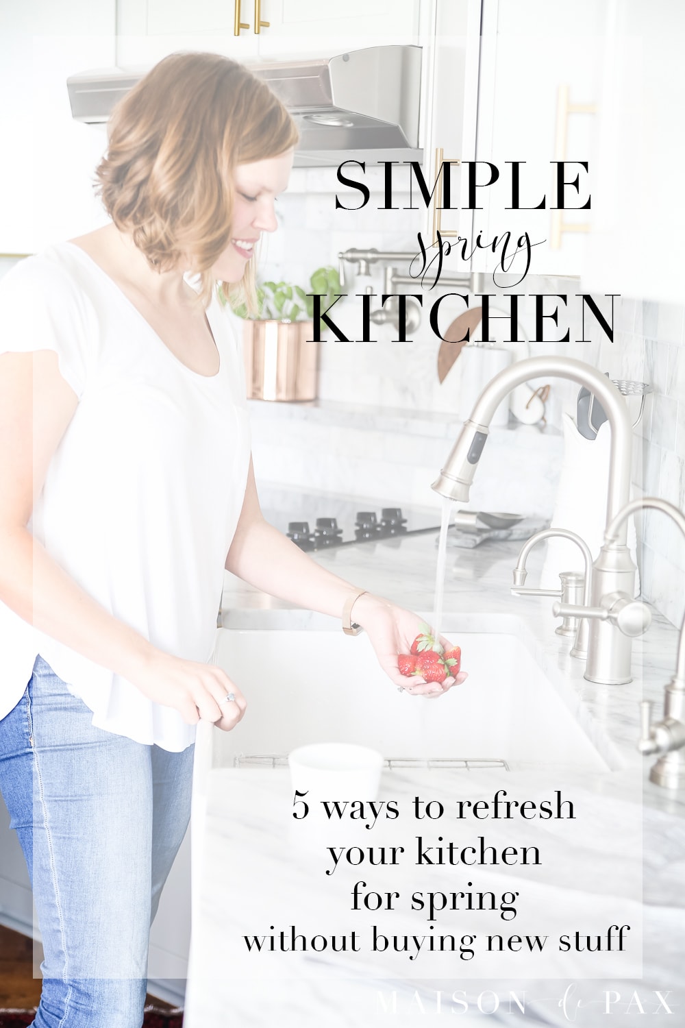 Looking for simple spring kitchen inspiration?  Find five tips on adding a fresh, clean feeling to your kitchen this spring. #springkitchen #kitcheninspo #marblekitchen #kitchendesign #springdecor #springdecorating #kitchendecor #twotonekitchen