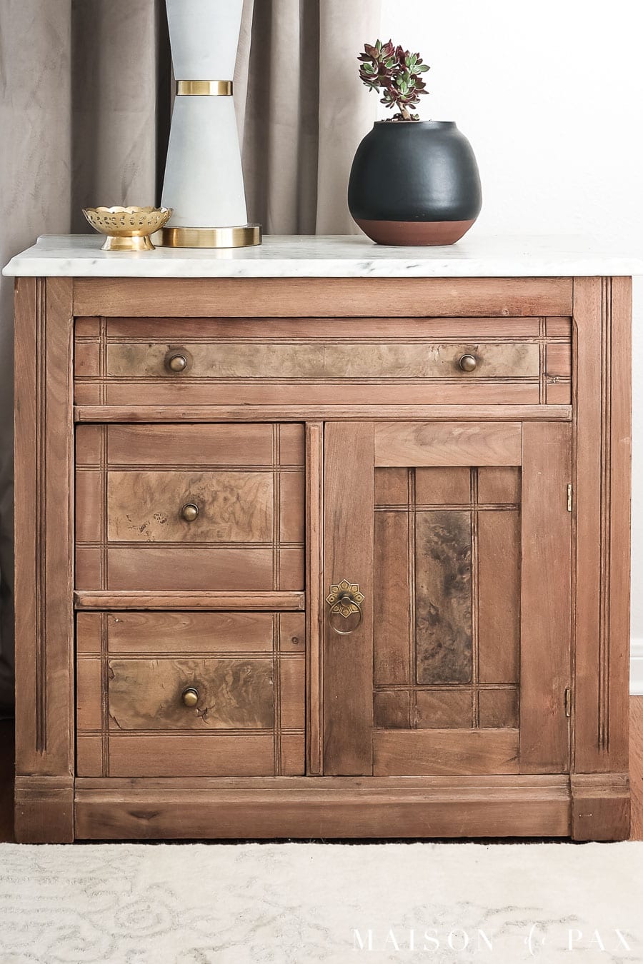 raw wood nightstand antique with marble top