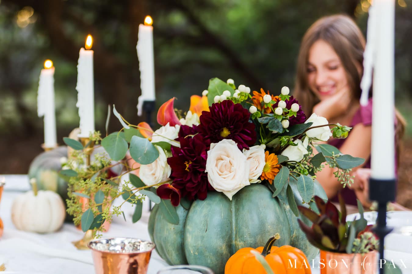 pumpkin vase with fall florals for center of Thanksgiving table | Maison de Pax