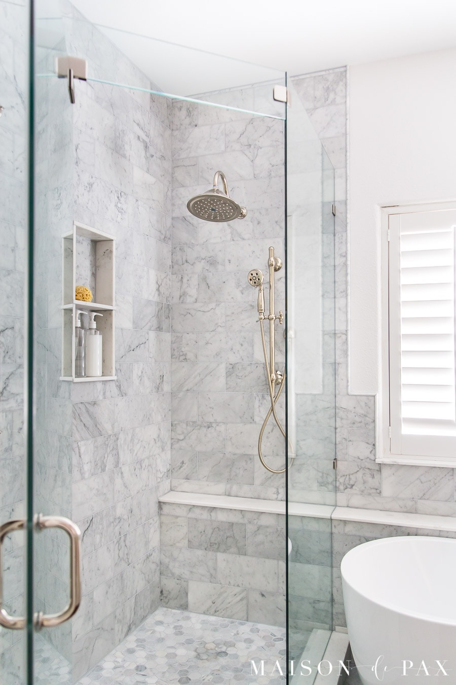 marble shower with polished nickel shower system | Maison de Pax