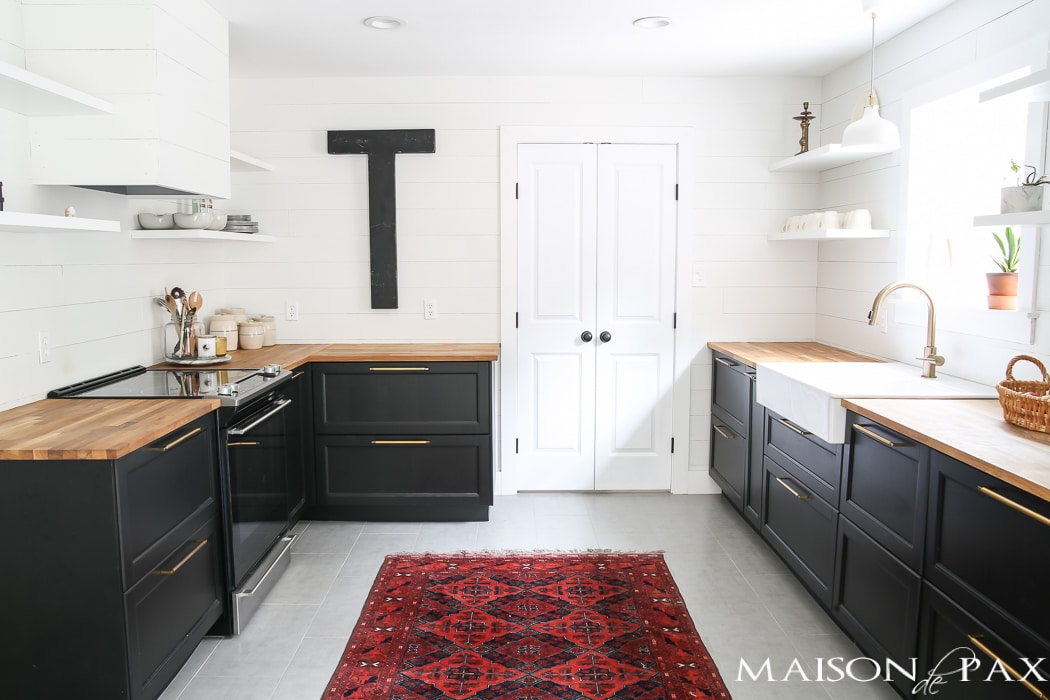 Woodblock counters in modern farmhouse kitchen- Maison de Pax