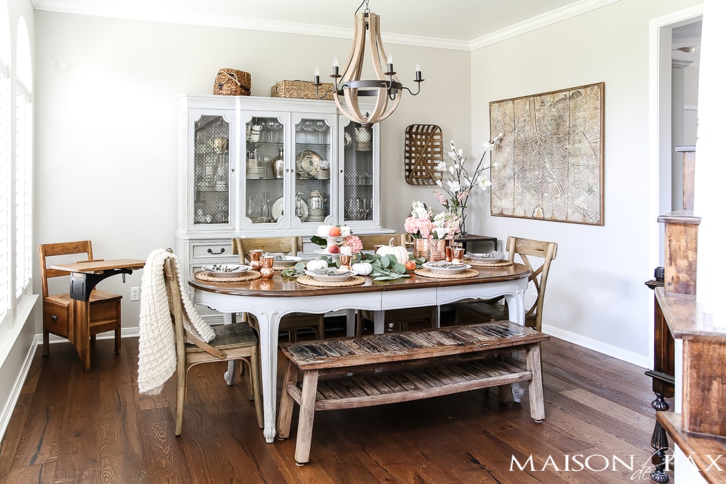 fall dining room with white pumpkins and peaches #falldecor