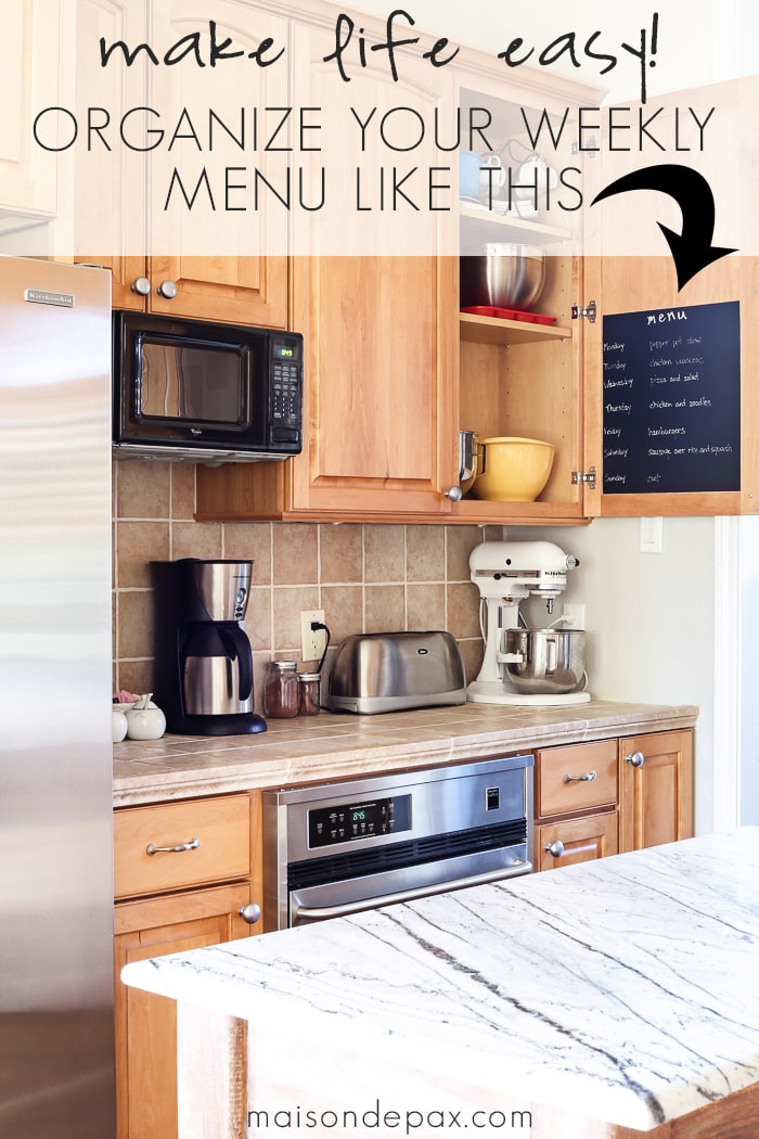 Great idea! Use chalkboard contact paper to create a hidden weekly menu on the inside of a kitchen cabinet door | aiweb9ygdry.cmersite.com