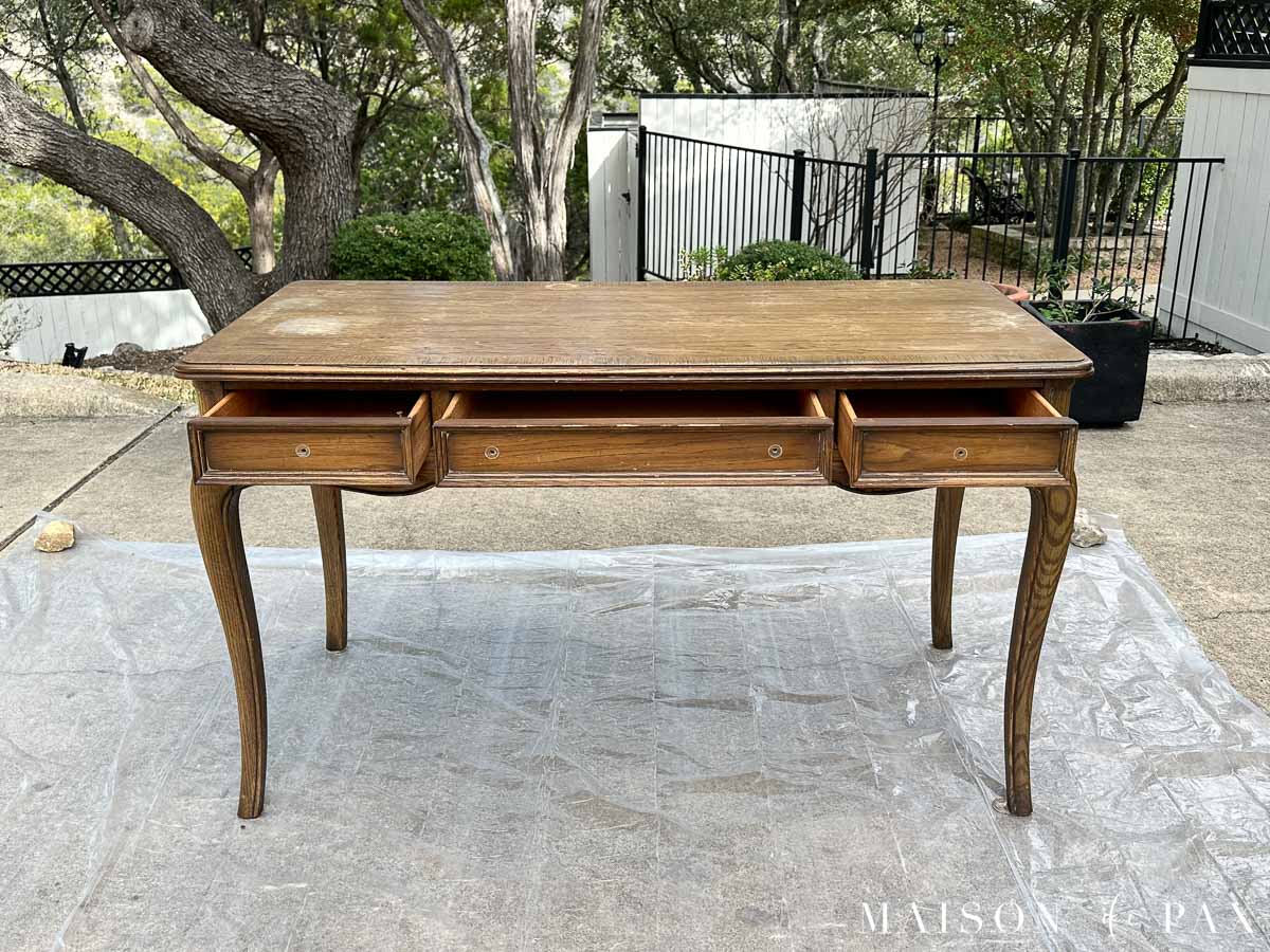 how to refinish a wood desk - protect surfaces with plastic